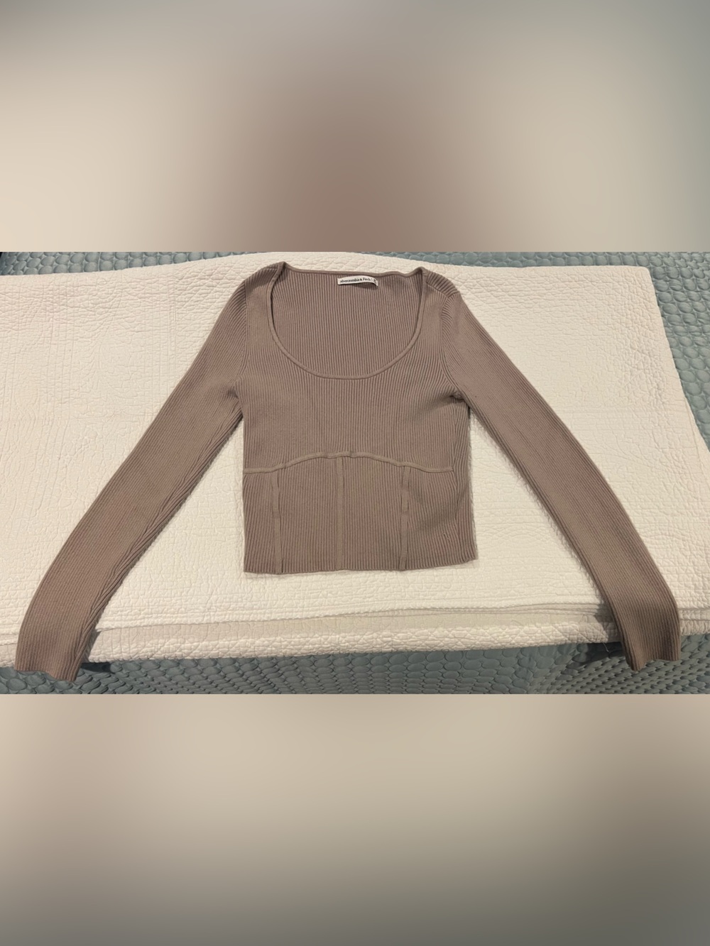 Abercrombie & Fitch Ribbed Scoop-Neck Long Sleeve Top Tan Seams Panel Medium